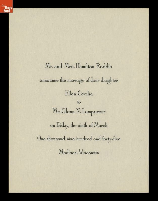 Wedding Announcement of Ellen Roddis and Glenn Lempereur, 1945