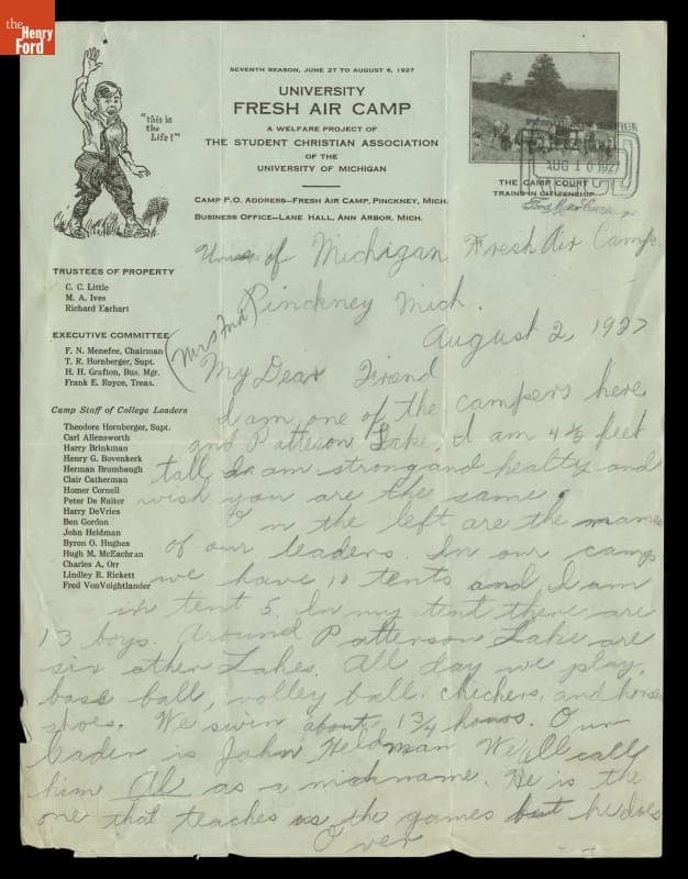 Letter from Frank Buszek at Fresh Air Camp to Eleanor Clay Ford, August 2, 1927