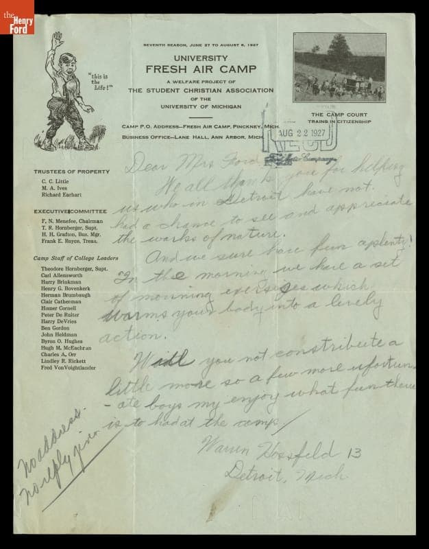 Letter from Warren Hossfield at Fresh Air Camp to Eleanor Clay Ford, August 1927