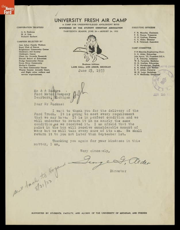 Letter from George Alder, Director of University Fresh Air Camp, to A. A. Backus of Ford Motor Company, June 23, 1933