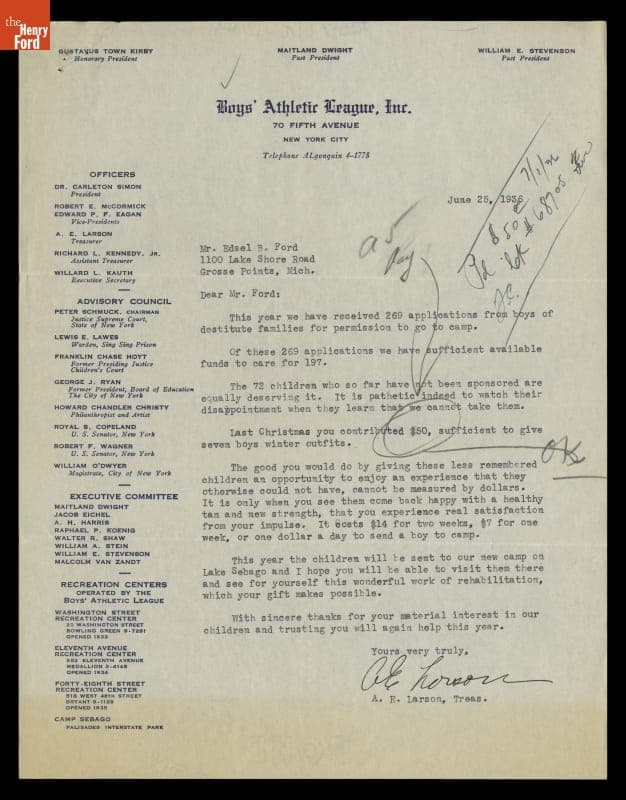 Letter from A.E. Larson, Boys' Athletic League, to Edsel Ford, June 25, 1936
