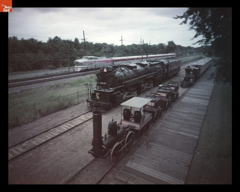 "Allegheny," "DeWitt Clinton," and "Sam Hill" Locomotives alongside New York Central Diesel Aerotrain, circa 1956
