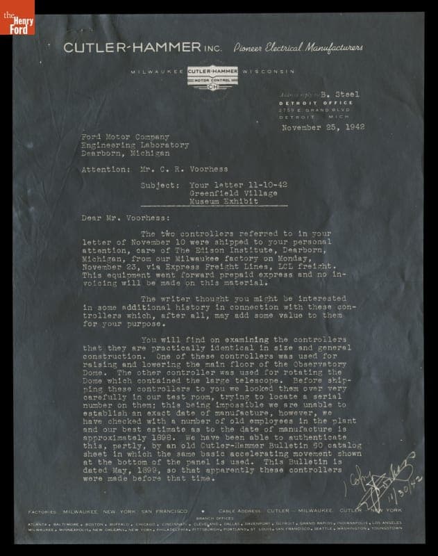 Correspondence Regarding Donation of Yerkes Observatory Motor Controllers, 1942