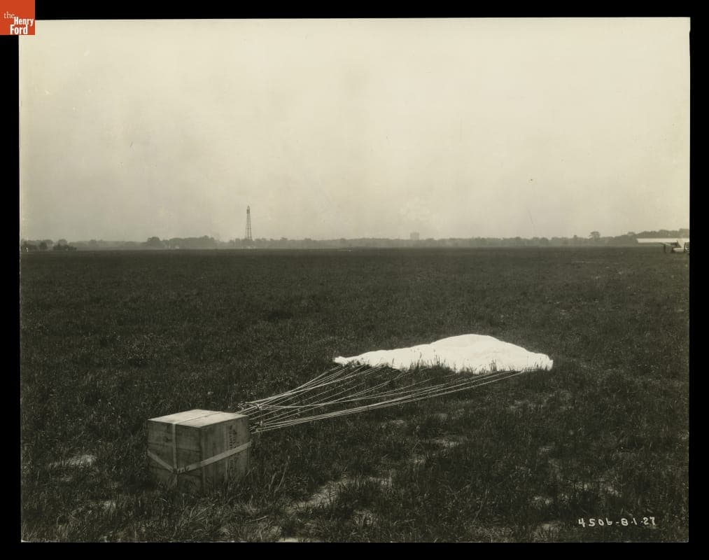 Crate and Parachute used in a Royal Typewriter Experimental Delivery from a Ford Tri-Motor, Ford Airport, Dearborn, Michigan, 1927