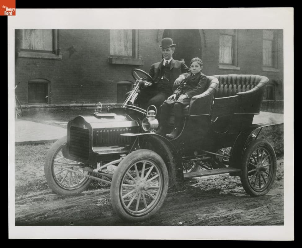 Henry Ford and Edsel Ford in Ford Model F Automobile, Detroit, Michigan, 1905