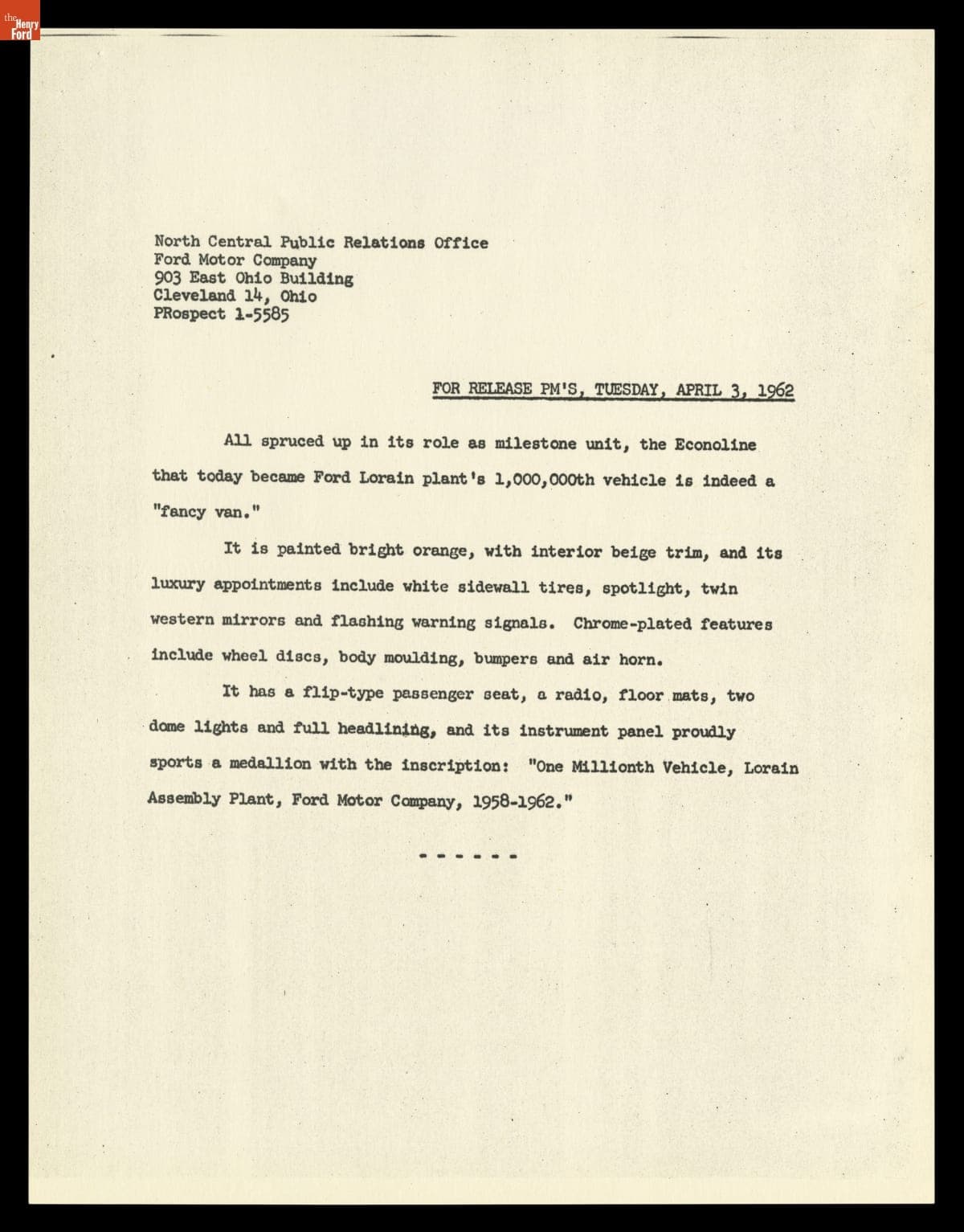 One Millionth Vehicle Built at Ford Motor Comapany Assembly Plant, Lorain, Ohio, April 3, 1962