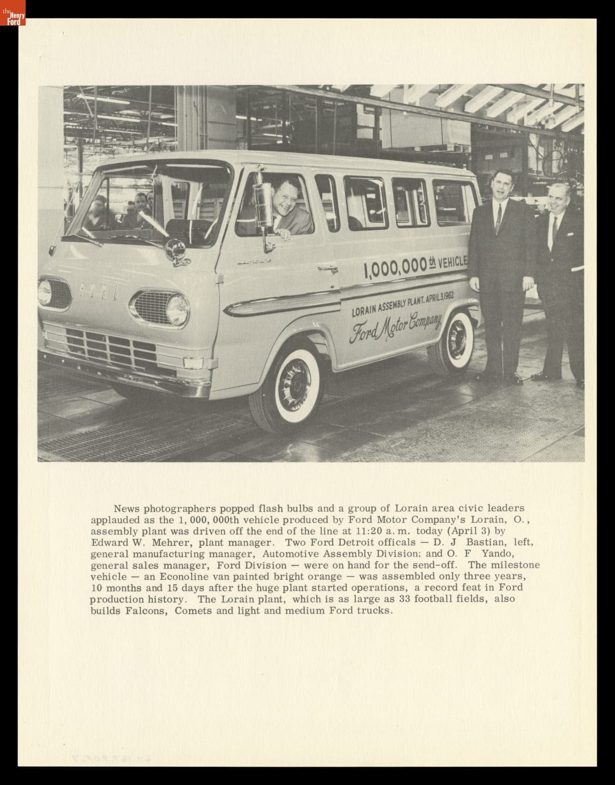1,000,000th Vehicle Built at Ford Motor Company Assembly Plant, Lorain, Ohio, April 3, 1962