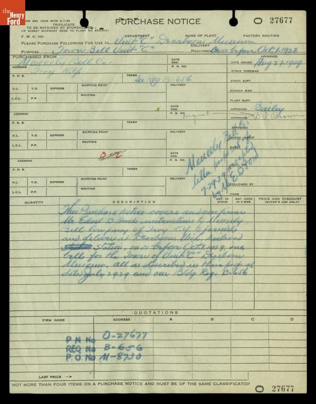 Purchase Notice for "Old Liberty Bell" Replica for Henry Ford Museum Clocktower, 1929