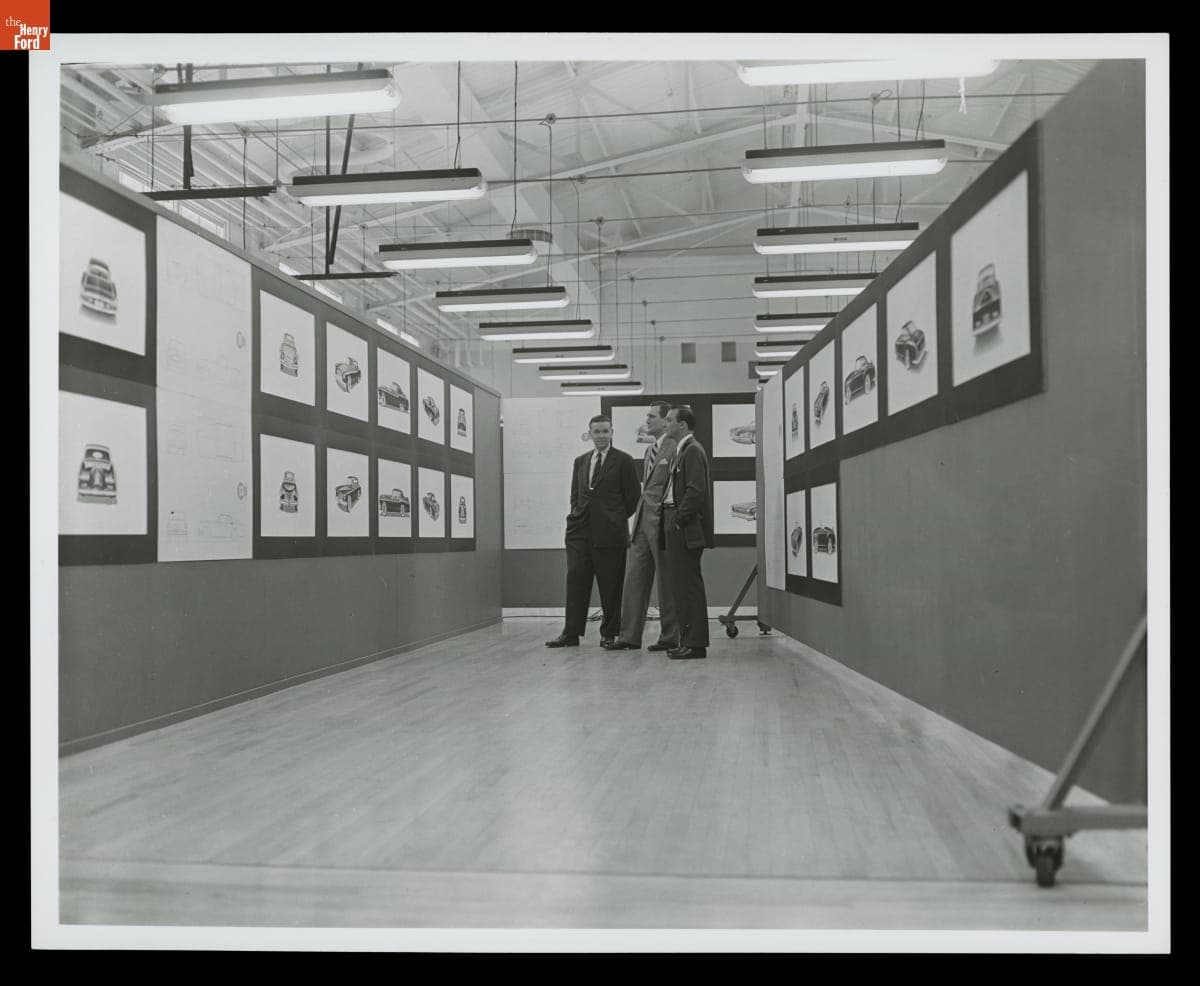 William Clay Ford Viewing Auto Design Renderings with Engineer and Designer, circa 1953