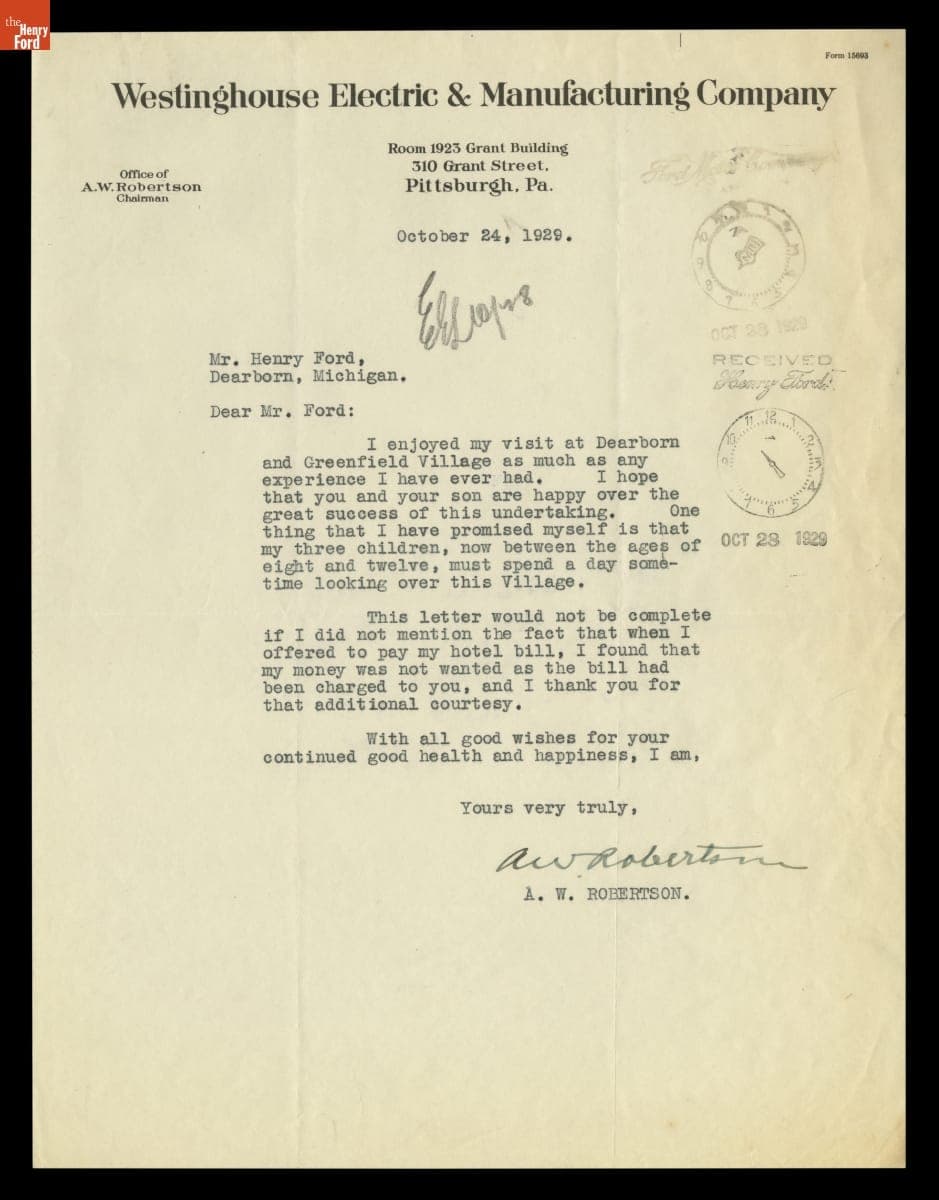 Letter of Thanks from A.W. Robertson to Henry Ford for the Invitation to Light's Golden Jubilee, October 24, 1929