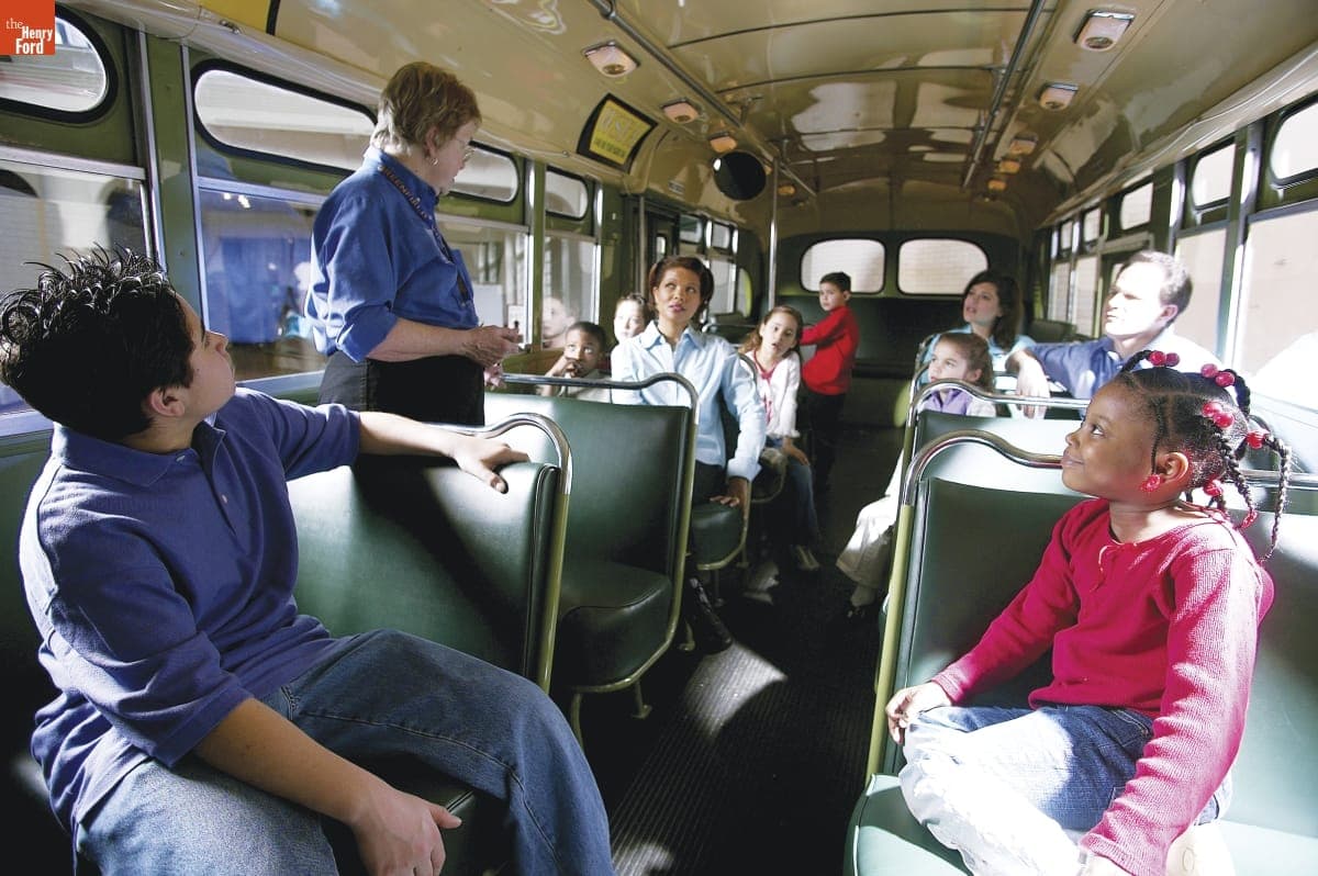 Historical Presenter with Guests inside the Rosa Parks Bus in Henry Ford Museum, 2006