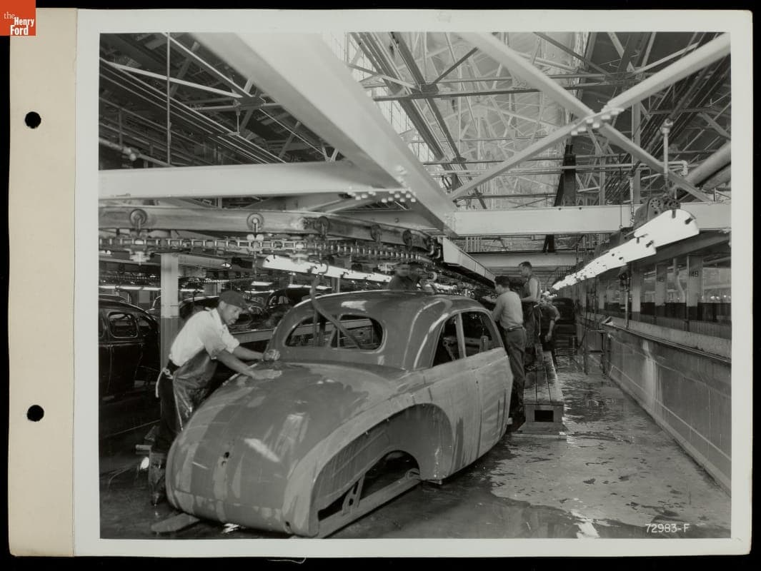 Car Bodies Wet Sanded on Assembly Line, Ford Rouge Plant, 1940