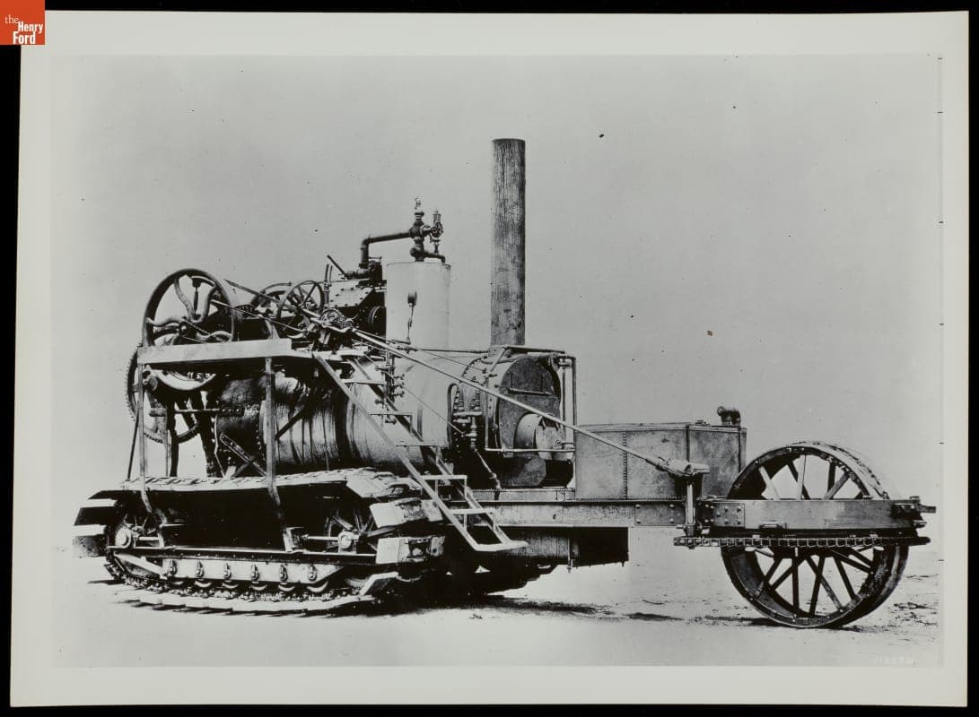 View of Early Holt Steam Caterpillar Tractor, circa 1900