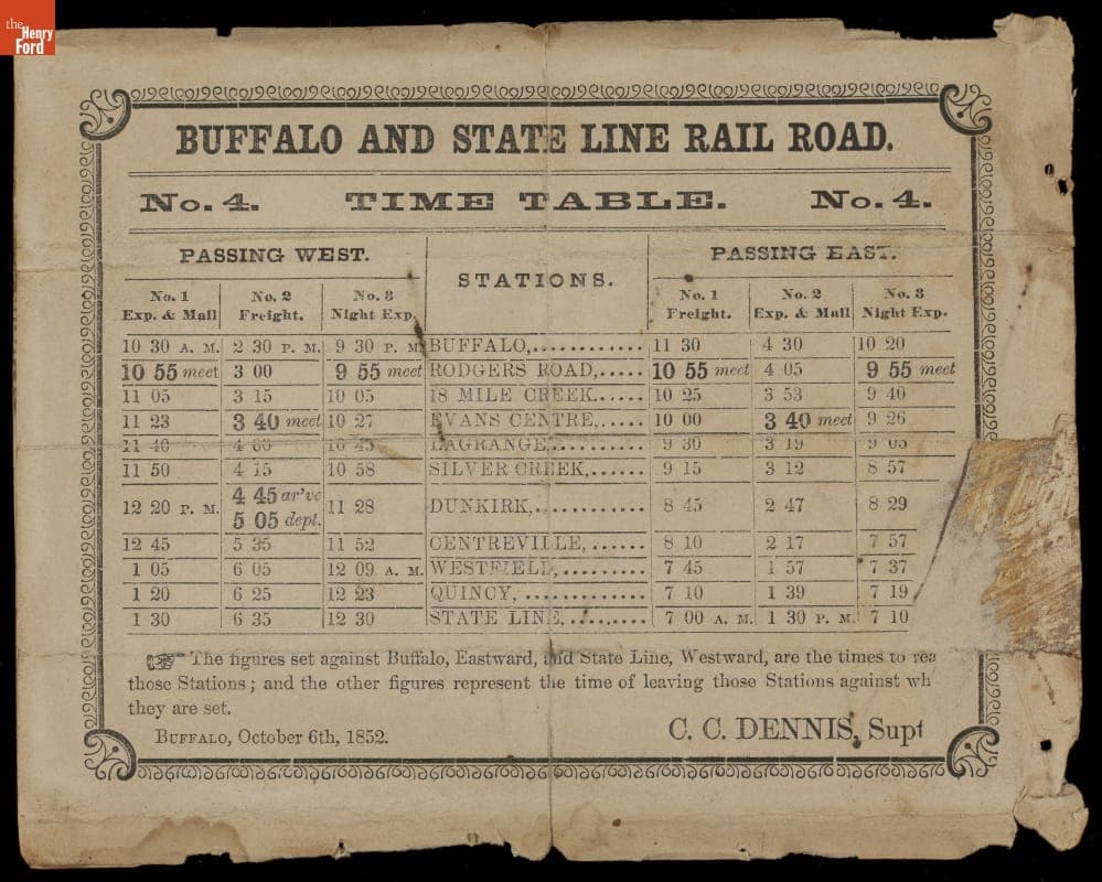 Buffalo and State Line Rail Road Time Table, October 6, 1852