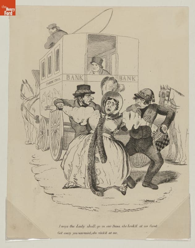 Cartoon Depicting Omnibus Drivers Competing for Passengers, London, England, 1845-1850