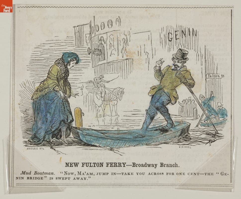 Cartoon, "New Fulton Ferry - Broadway Branch," circa 1845