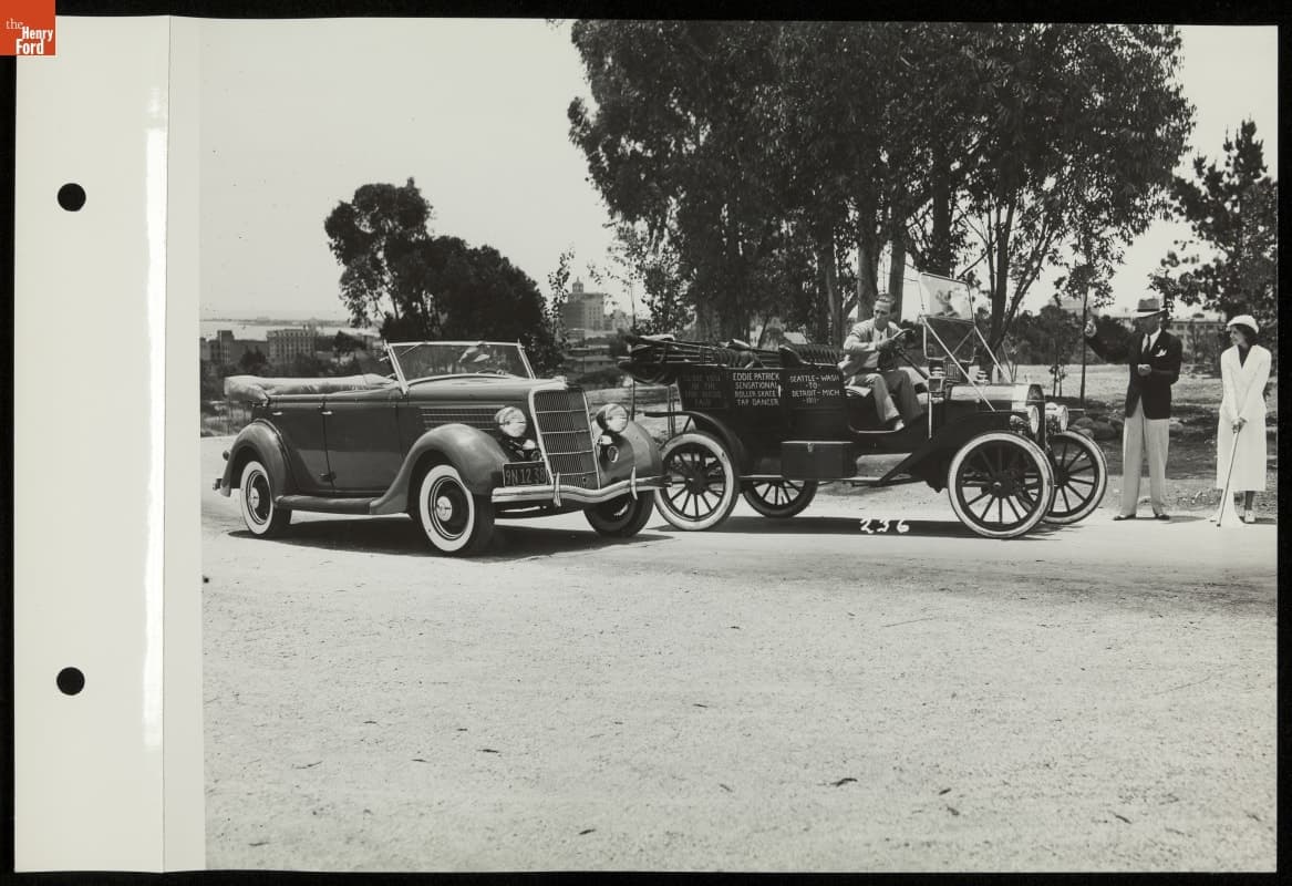 Ford Model T and Ford V-8 Cars at the Finish Line, 'Roads of the Pacific' Exhibit, California Pacific International Exposition, San Diego, California, 1935