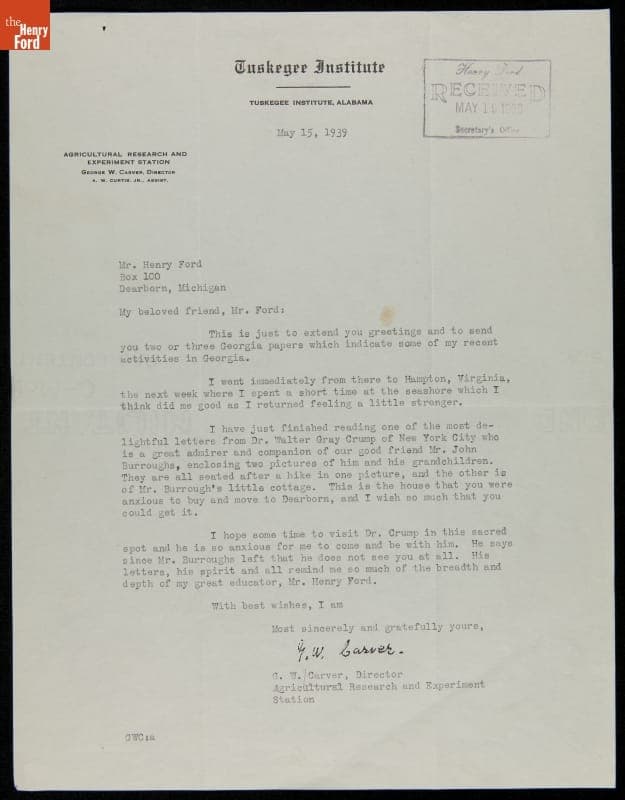 Letter from George Washington Carver to Henry Ford, May 15, 1939