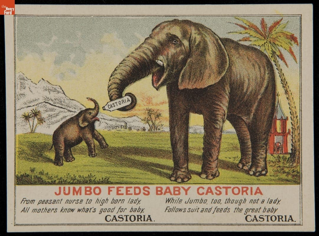Trade Card for Centaur Company, "Jumbo Feeds Baby Castoria," 1883