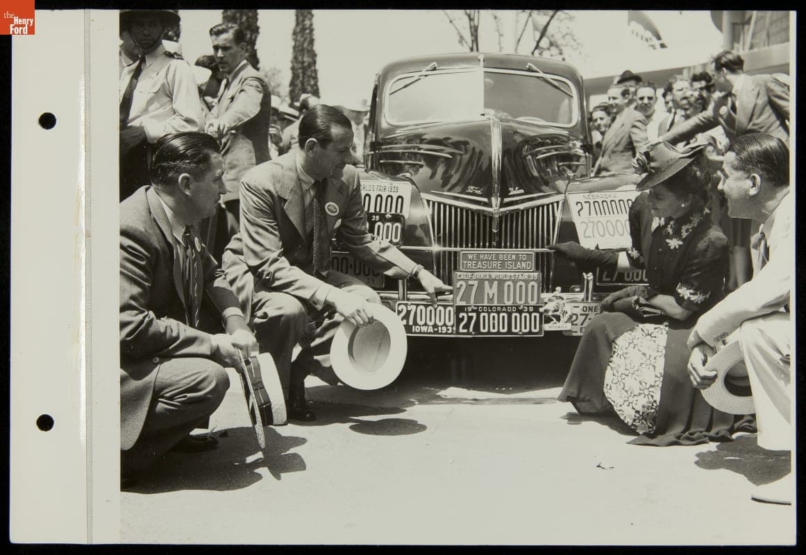 Ford Dealer Mr. and Mrs. Schlesinger in front of 27-Millionth Ford Car, Ford Exposition, New York World's Fair, 1939