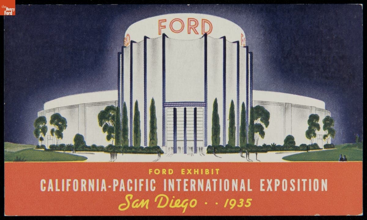 Postcard, Ford Motor Company Exhibit Building, California-Pacific International Exposition, San Diego, California, 1935