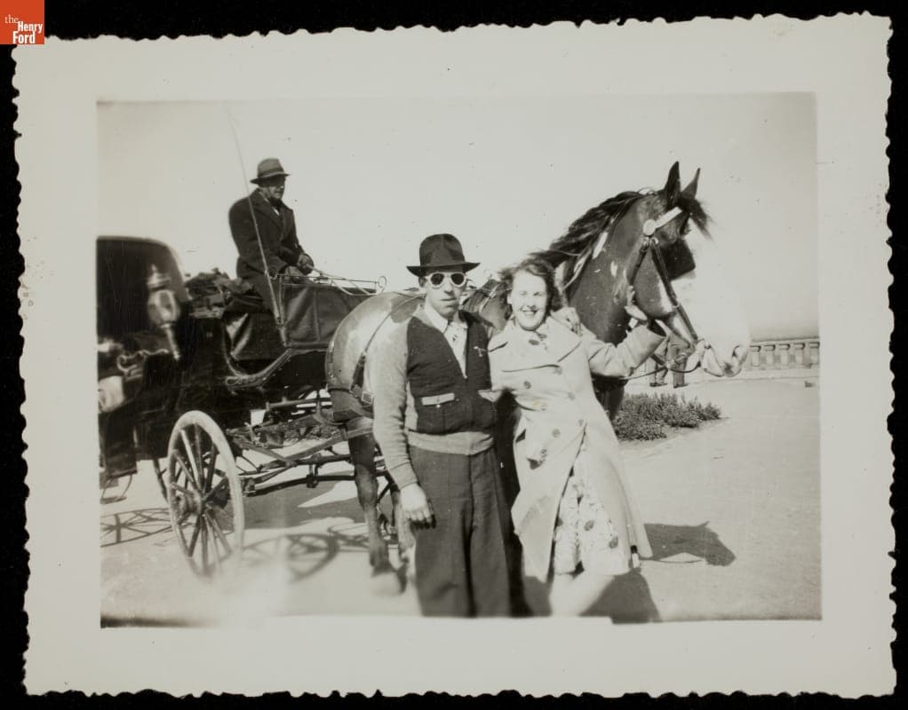 Snapshot, Tourists Posing with a Horse-Drawn Carriage, circa 1950
