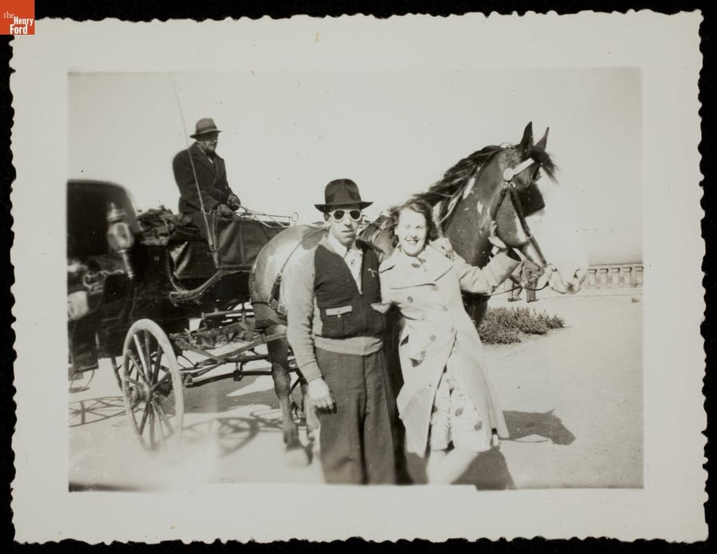 Tourists Posing with a Horse-Drawn Carriage, circa 1950