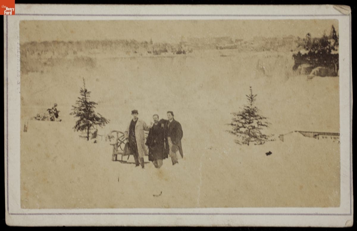 Three Men in Front of Frozen Waterfall, 1860-1890