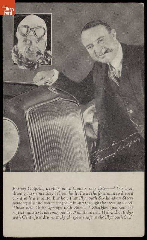 Barney Oldfield Advertising Card for Plymouth Automobile "Olite Springs," circa 1935