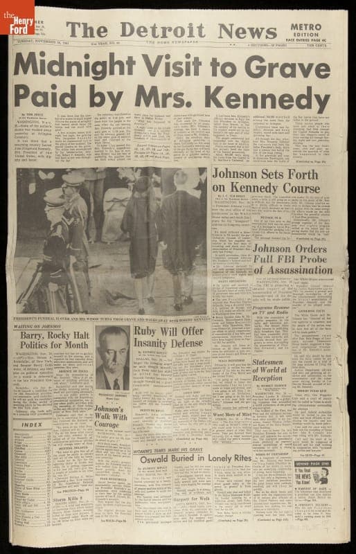 Newspaper, The Detroit News for November 26, 1963, "Midnight Visit to Grave Paid by Mrs. Kennedy"