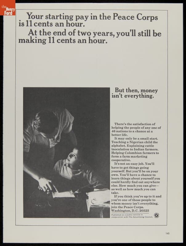 Advertisement Recruiting for the Peace Corps, "Your Starting Pay in the Peace Corps is 11 Cents an Hour," 1965