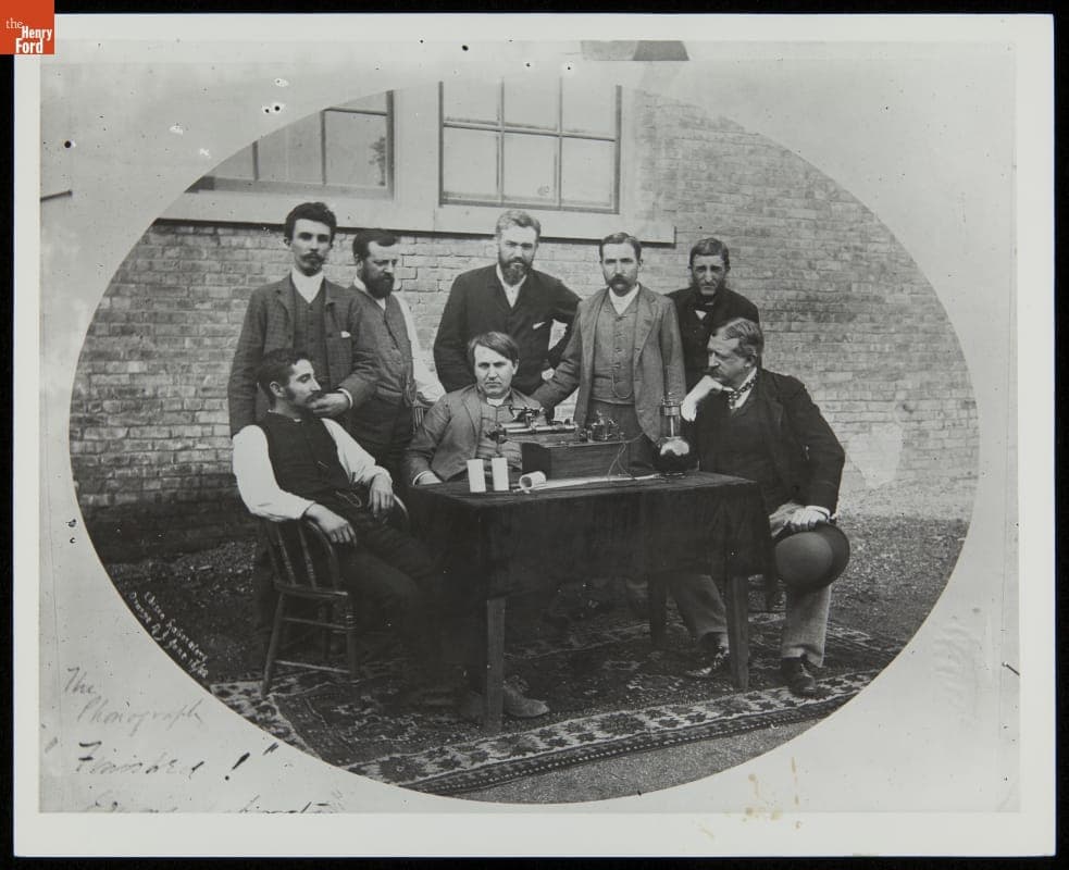 Thomas Edison and Assistants with Phonograph outside the West Orange Laboratory, June 16, 1888