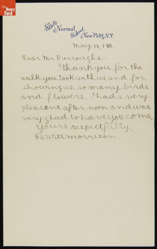 Letter to John Burroughs from Morrison DeWitt, a Student Thanking Him for a Nature Walk, May 16, 1901