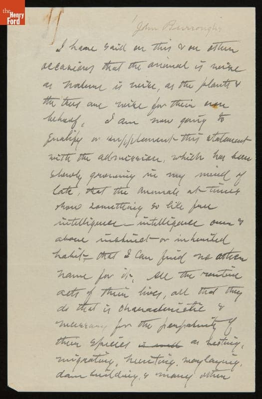 Essay by John Burroughs, "On Instinct," 1906-1907