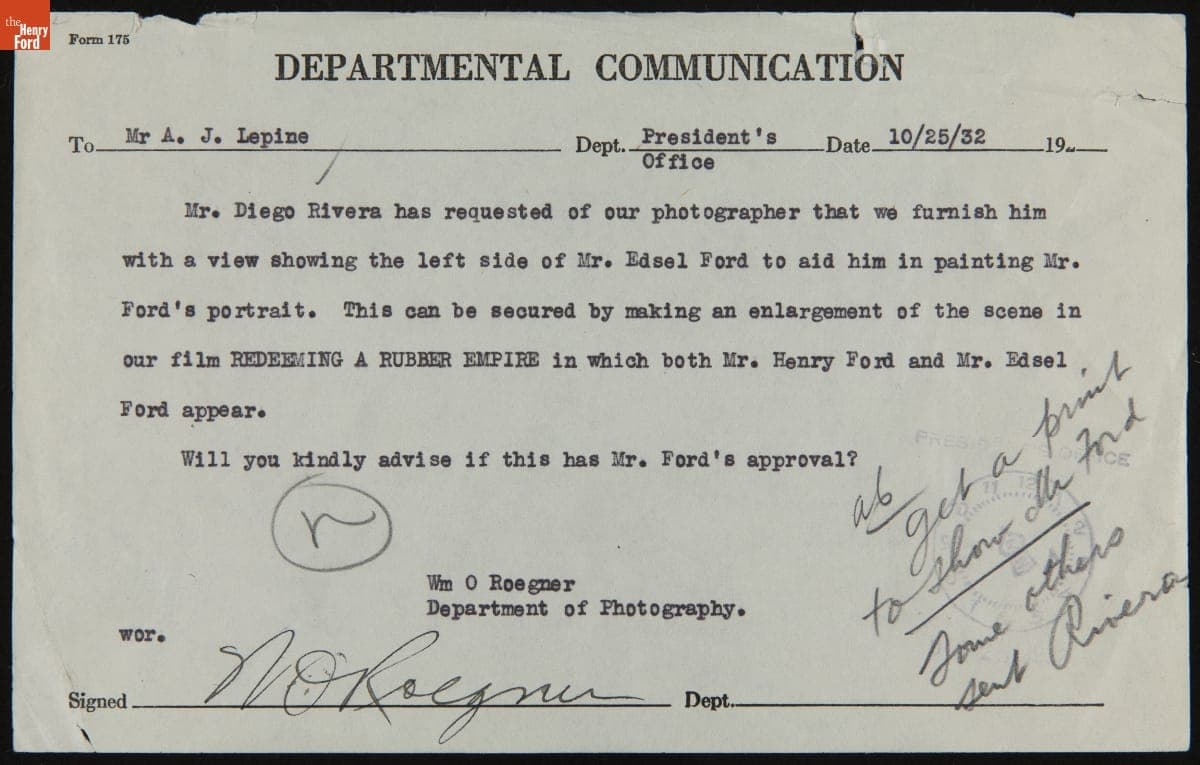 Memo from William Roegner to A. J. Lepine (for Edsel Ford) regarding Supply of Edsel Ford Photograph to Diego Rivera, October 25, 1932