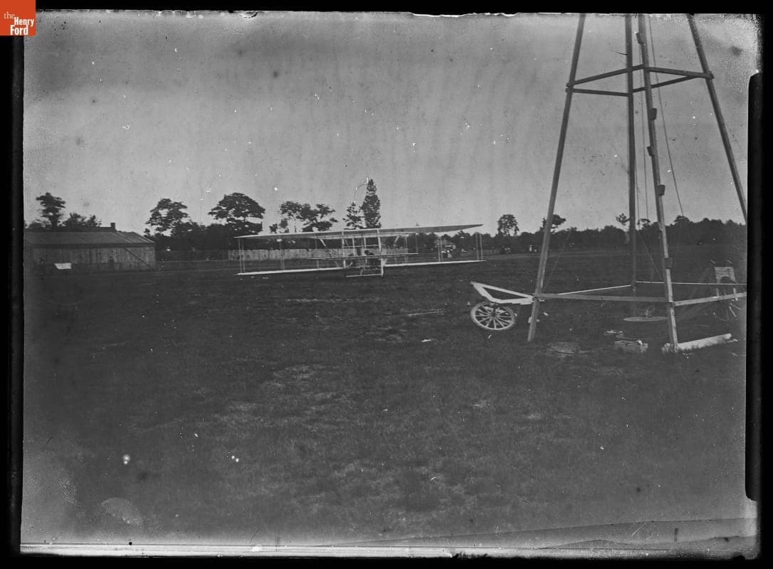 The Wright Flyer on the Ground near the Launching Derrick, France, 1908-1909