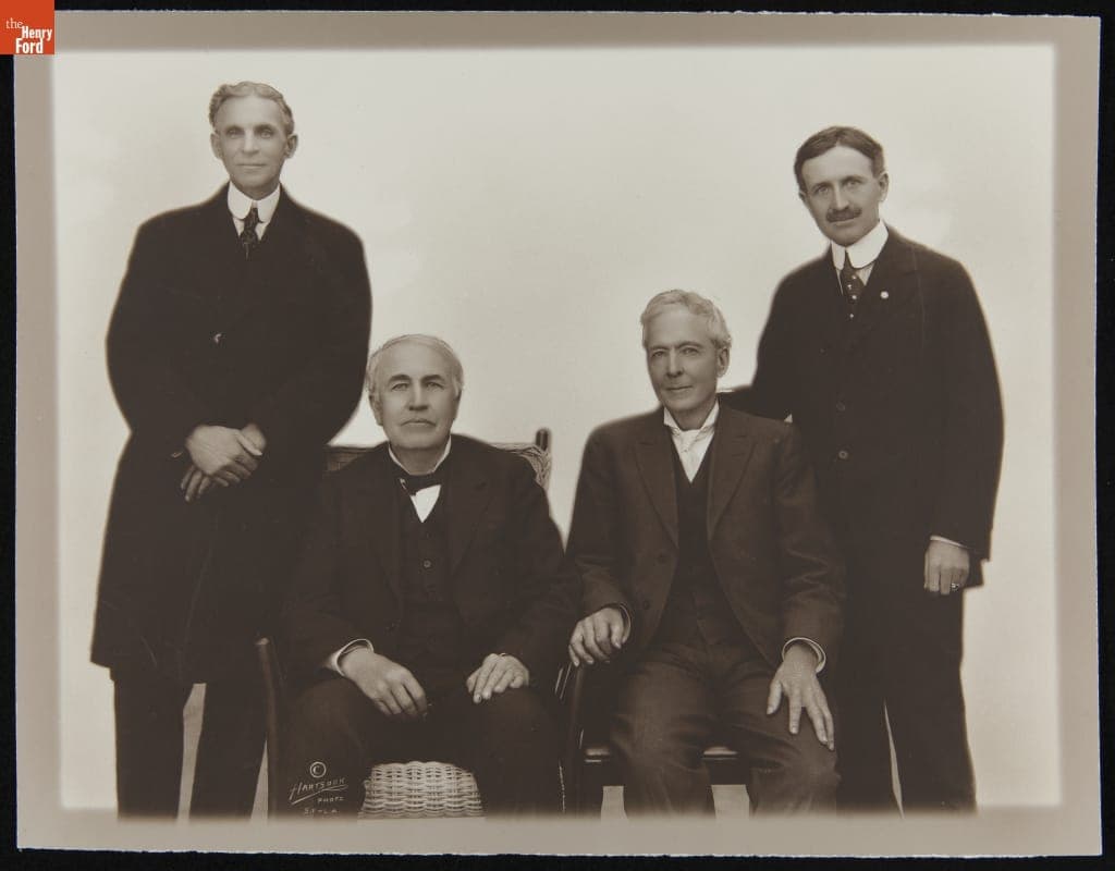 Henry Ford, Thomas Edison and Harvey Firestone with Luther Burbank in San Francisco, California, circa 1915
