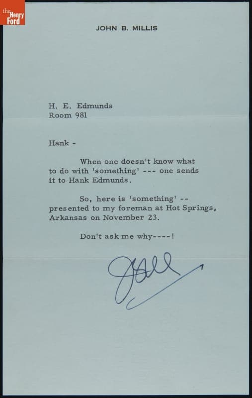 Memo from John B. Millis to Hank E. Edmonds regarding the "Bag of Genuine Dirt" from Crater of Diamonds, 1952-1959