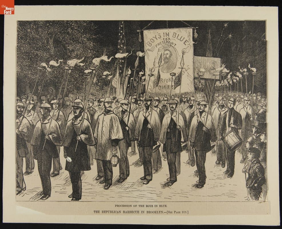Engraving, "Procession of the Boys in Blue," 1876