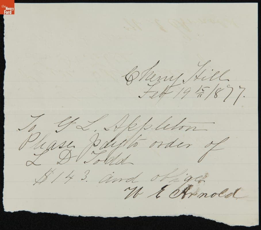 Pay to Order Request from William E. Arnold to George Appleton, February 19, 1877