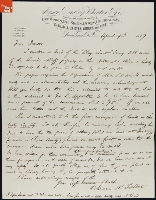 Letter from William R. Talbot to His Brother, Dr. Johnson, April 9, 1877