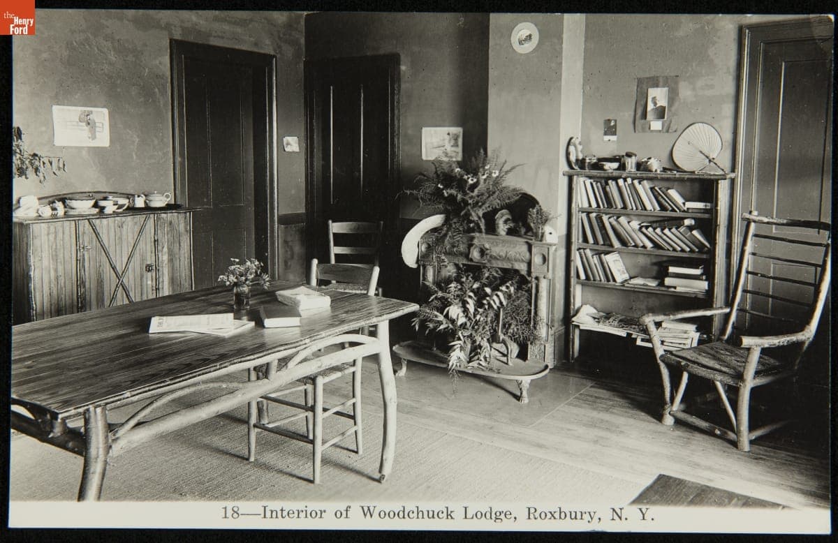 Interior of Woodchuck Lodge, Roxbury, New York, circa 1912