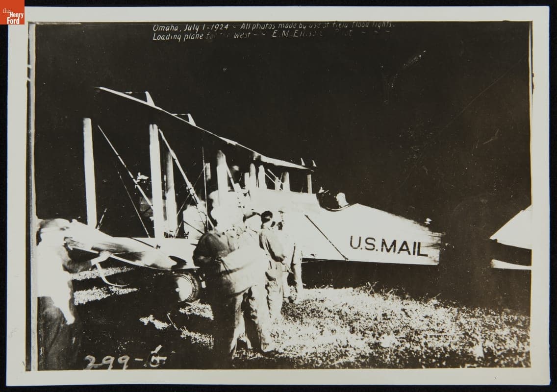 Loading Air Mail Plane Using Floodlights, Fort Crook near Omaha, Nebraska, 1924