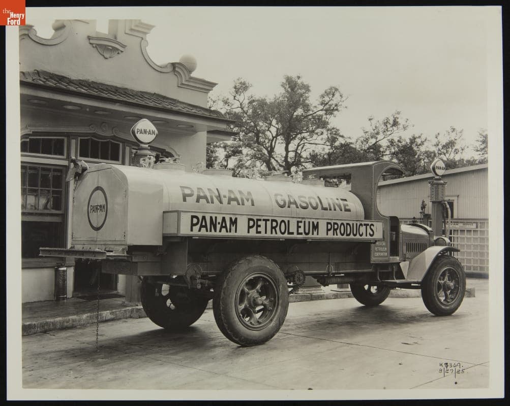 Mack Model AB Tank Truck at a Gas Station, August 1925