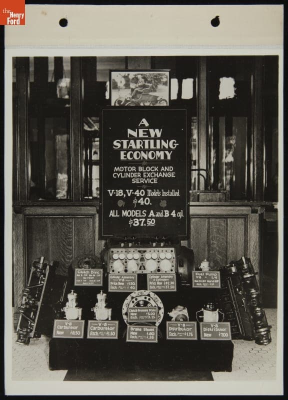 Motor Block and Cylinder Exchange Service for Ford 4-Cylinder and V-8 Automobiles, 1933