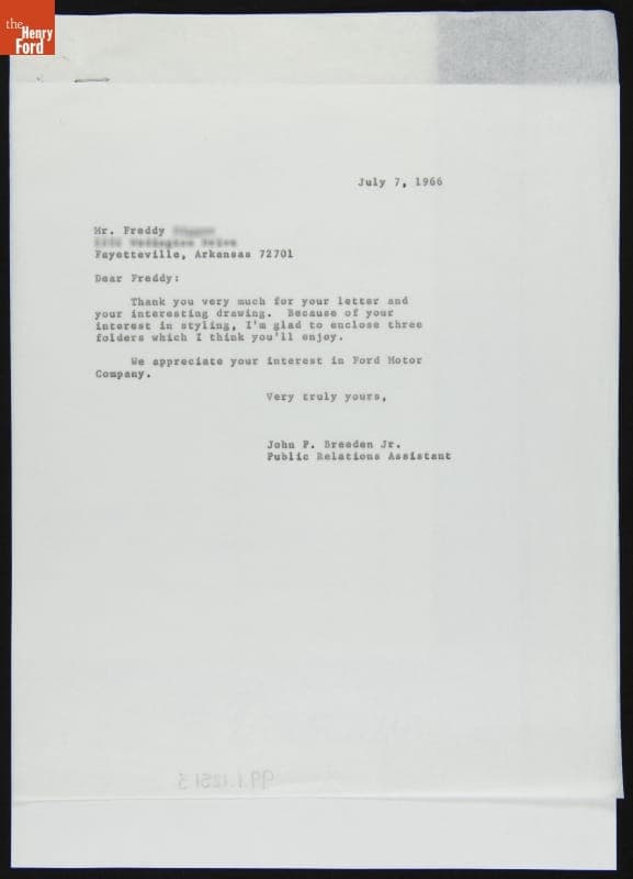Letter of Thanks from Ford Motor Company Public Relations to Freddy, Age 8, 1966