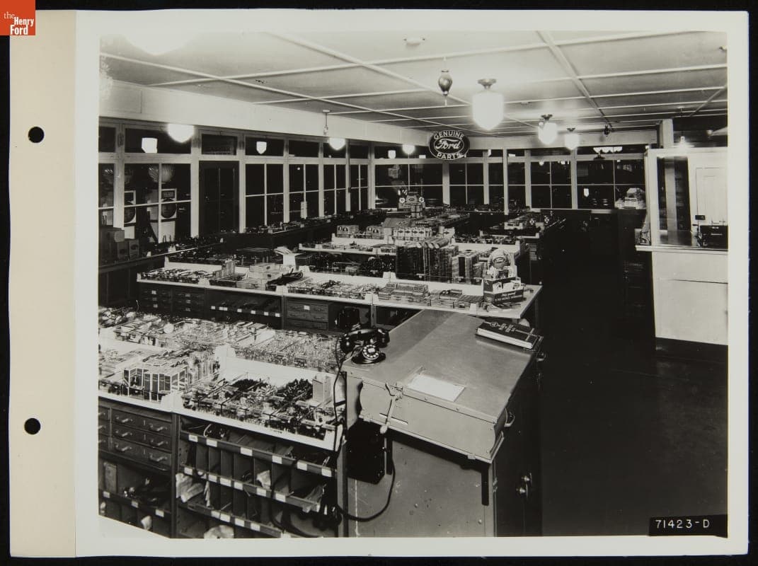 Open Parts Bins, Illustration for Ford Service Merchandising Bulletin, February 1939