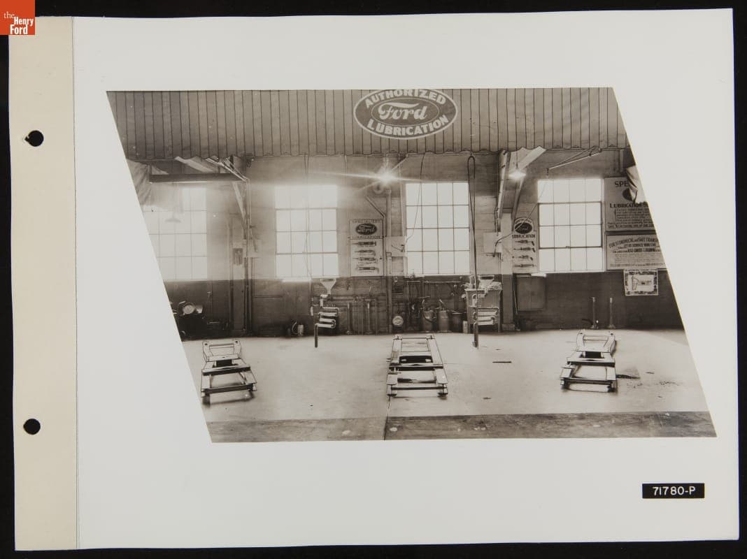 Service Garage Lubrication Station, Illustration in April 1939 Ford Merchandising Bulletin