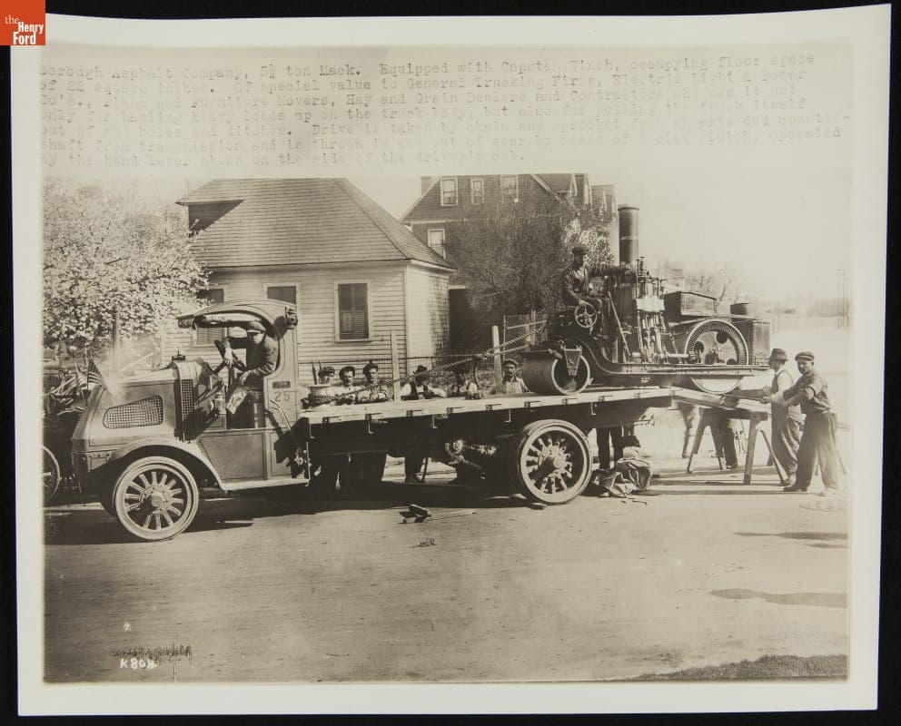 Steam Roller on the Borough Asphalt Company's 5 1/2 Mack Model AC Flatbed Truck with Special Capstan Winch, 1911-1916