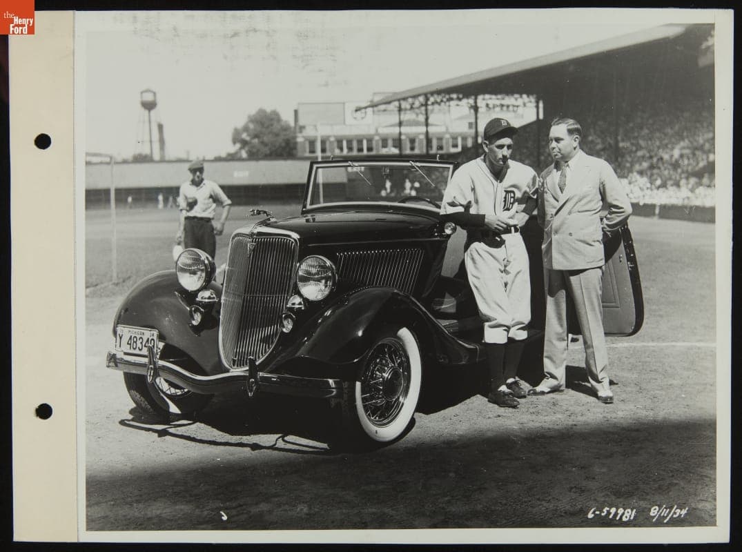Detroit Tigers' Infielder Charlie Gehringer Receiving a Ford V-8 Car at Navin Field, August 1934
